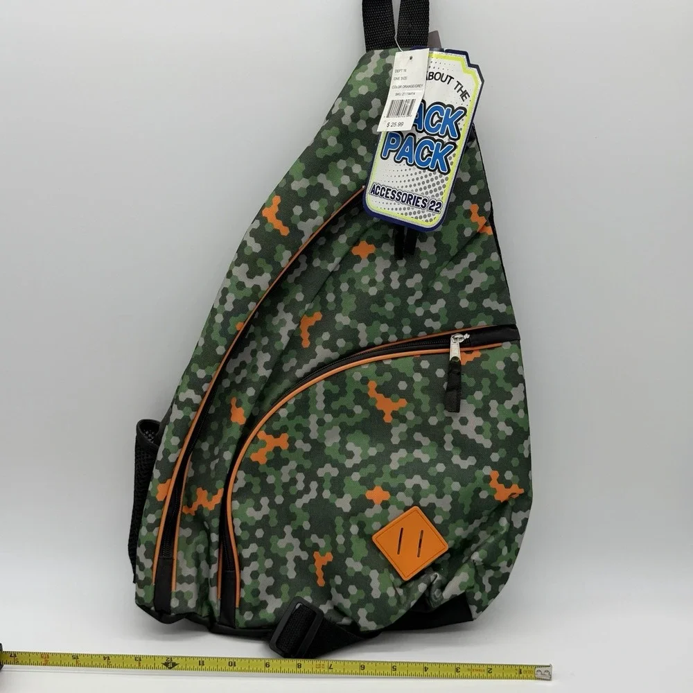 NWT 2016 Mystic Apparel Camo Sling Backpack School Bag Green Orange One Strap